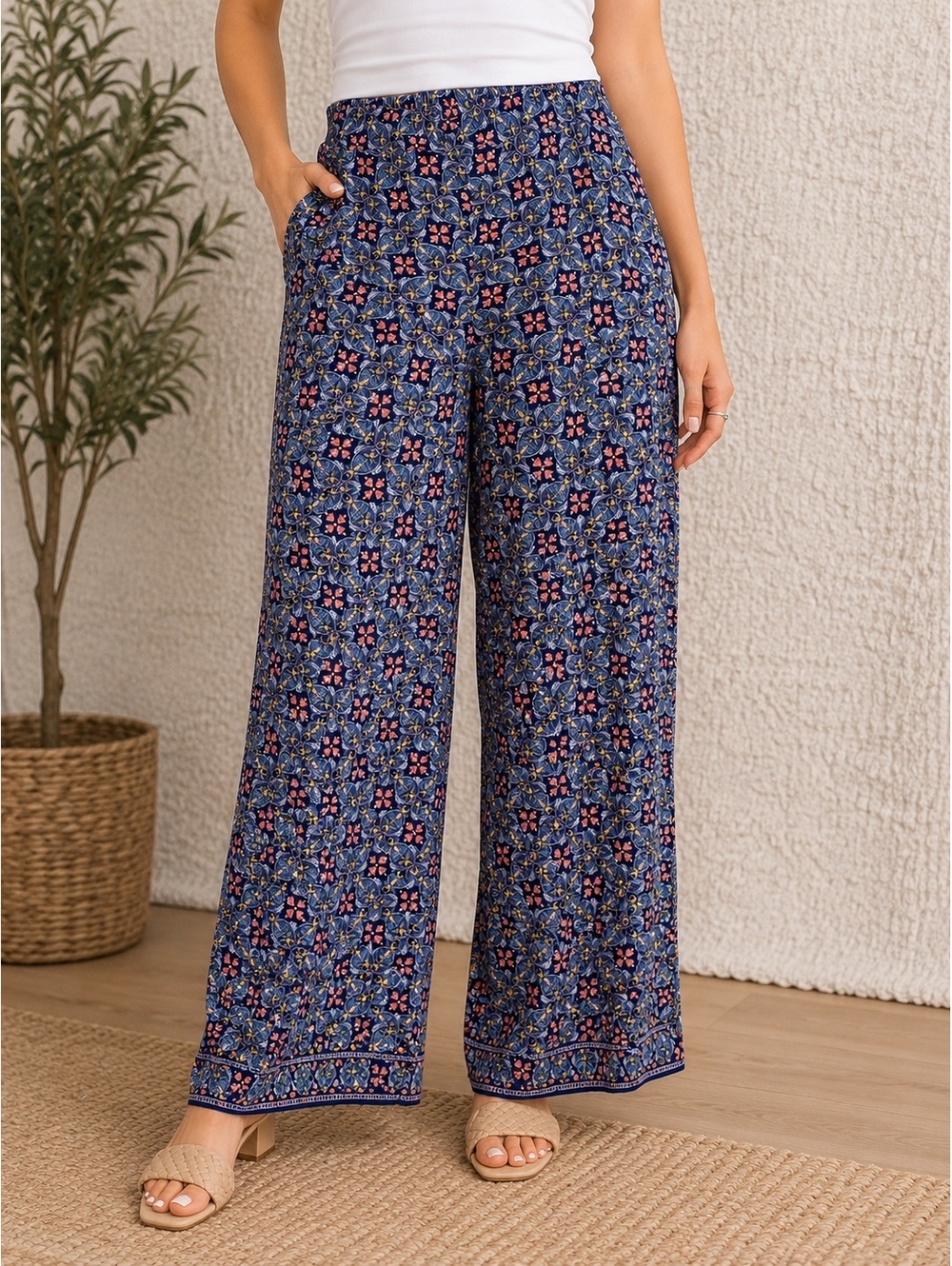 438 Max Studio 1XL Wide Leg Printed Pants Blue Floral R0000438